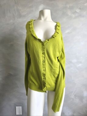 Kenneth Cole Reaction Chartreuse Ruffle Front & Collar Cardigan Sweater Size L